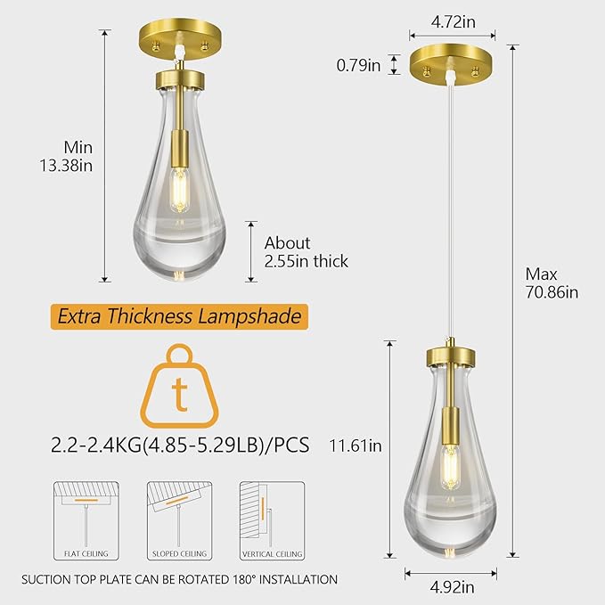Raindrop Pendant Lights Kitchen Island Set of 3 Teardrop Gold Hanging Light Fixtures Clear Solid Glass Pendant Light Modern Chandeliers for Dining Room Porch Corridor Living Room…