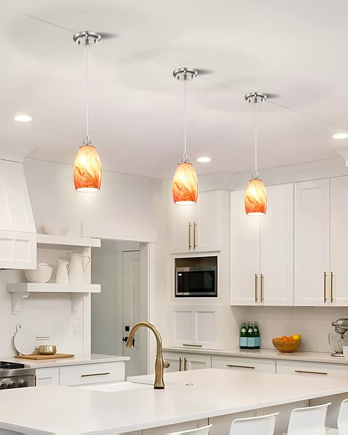 karyfine Art Glass Mini Pendant Lights Kitchen Island Marble Glass Pendant Light Shade with Brushed Nickel Finish Ceiling Hanging Lights for Kitchen Over Sink,Dining/Living Room Red Marble-1Pack