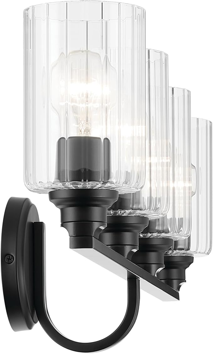 Kichler Gioe 4-Light Bathroom Vanity Light Fixture with Clear Fluted Glass in Black, Modern Wall Mount Over Mirror Lighting for Powder Room (32.25 x 10.5 x 6.75 in), 55227BKFLU