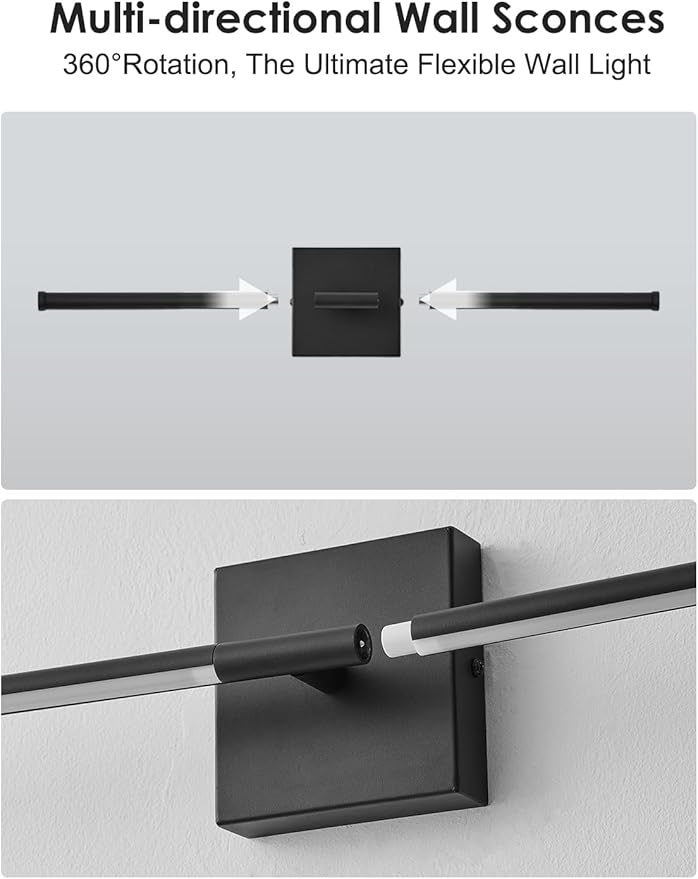 KARTOOSH 20.4 Inch Hardwired Wall Sconces Set of Two, 3000K Warm White Dimmable Modern Wall Sconces, 350° Rotate LED Light Fixtures Wall Lamp for Bathroom Living Room Bedroom Bedside, Black