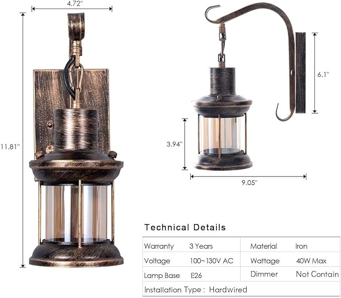 Yisuro Rustic Wall Light Fixtures, Oil Rubbed Bronze Finish Indoor Vintage Wall Light Industrial Lamp Fixture Glass Shade Farmhouse Metal for Bedroom Living Room(2 Pack)