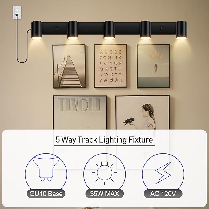 BoostArea Plug in Track Lighting, LED Track Light Kit, Black 5-Light Track Lights for Kitchen, 15 FT Cord,5 Way Ceiling Spotlight, Rotatable Wall Mount Light Head for Bedroom Hallway Living Room