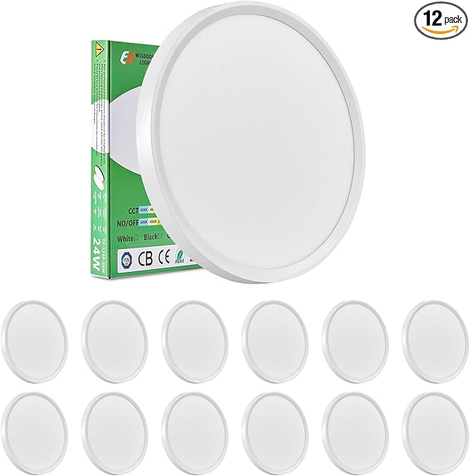 6PK 12 Inch LED Flush Mount Ceiling Light, 24W, 2520LM, 3000K/4000K/6000K CCT Selectable, Round Flat Panel Light Low Profile Ceiling Light Fitures for Hallway, Kitchen, Bedroom, Laundry Room