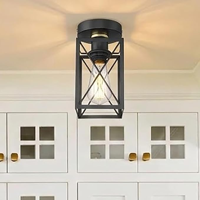 Semi Flush Mount Ceiling Light,Metal Cage Farmhouse Light Fixture Hardwired for Entryway, Hallway, Kitchen Over Sink, Bathroom,Laundry Room,Modern Industrial Vintage Style,Single E26 Bulb（Black,1PK）