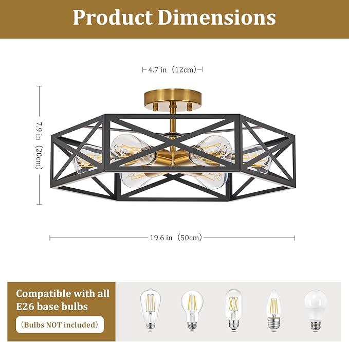 Modern Farmhouse Semi Flush Mount Ceiling Light,Industrial Black and Gold Ceiling Lighting Fixture,Hexagonal Close to Ceiling Lights for Kitchen,Living,Dining Room,Bedroom,Foyer,19.7 Inch