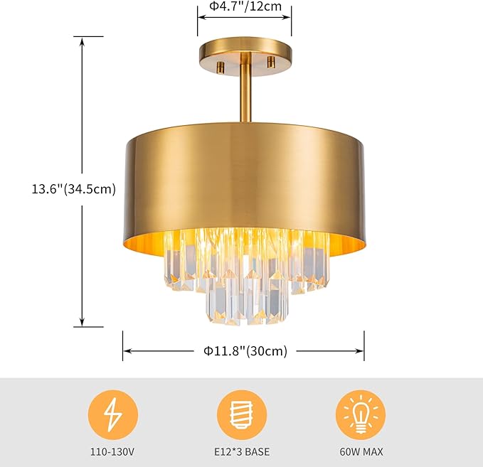 3-Light Luxury K9 Crystal Ceiling Light for Living Room, Foyer, Bedroom, Close to Ceiling Semi-Flushmount Light Fixture, Brass Finish Metal Lampshade & Clear Crystal Pendant