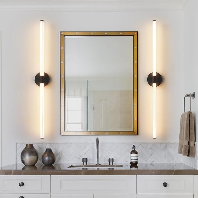 Dimmable LED Bathroom Vanity Lights Hardwired 360° Full Lighting Bathroom Light Fixtures Over Mirror Vanity Light Bar Modern Wall Sconce Warm Light for Bedroom Living Room - Black, 39 inch