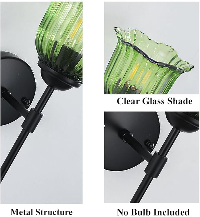 Farmhouse Wall Sconces, Black Wall Light with Green Glass Flower Shade, Hardwired Wall Mount Light Fixtures for Living Room, Bathroom, Bedroom, Hallway
