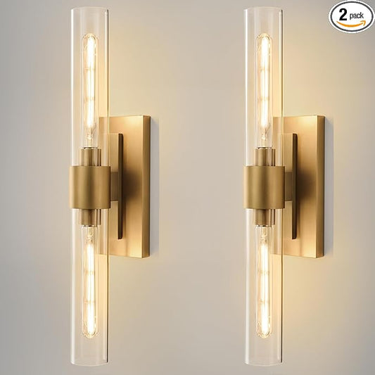 Champagne Brass Bathroom Wall Sconce - Set of 2 Modern Gold Light Sconces - Clear Glass Tube Vanity Lights - Vertical or Horizontal Mounted Dimmable Lighting Fixtures for Indoor Living Room Hallway
