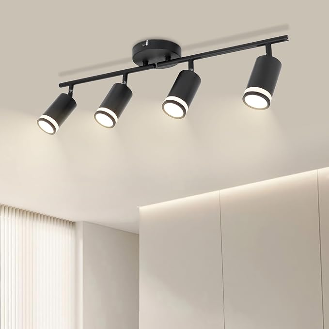 Ketom 4-Light Track Lighting Fixtures Ceiling, GU10 Black Led Ceiling Spotlight, Modern Track Light Kit for Kitchen Bedroom Living Room