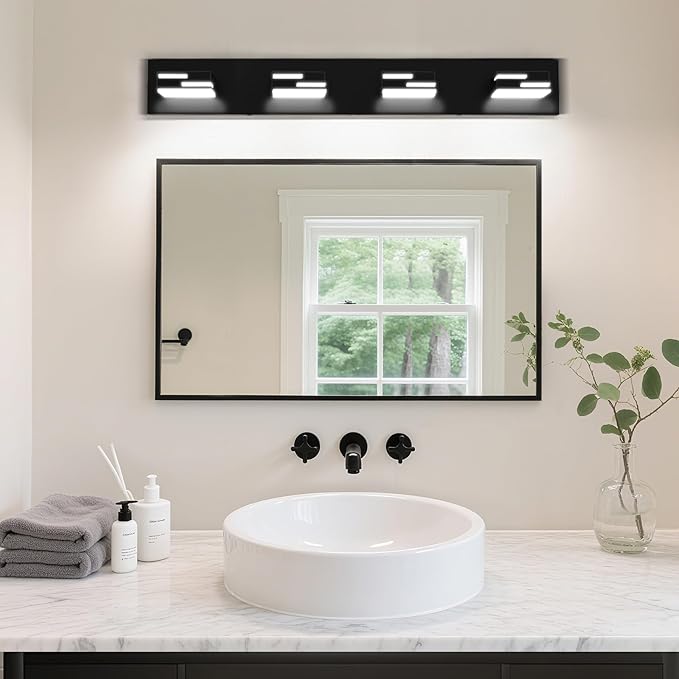 LED Modern Bathroom Vanity Light Fixtures, 4-Light 28-inch Dimmable Matte Black Vanity Lights for Bathroom Lighting Fixtures Over Mirror, with 360° Rotatable Acrylic Heads (Cool White 6000K)