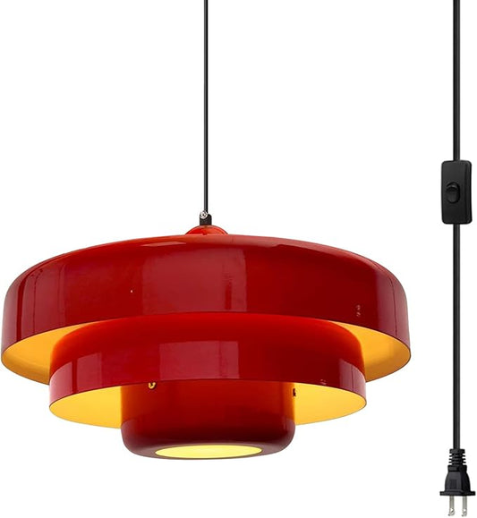 Hanging Lamp Plug in Red Pendant Light Fixtures Mid Century Modern Pendant Lamp Nordic Style Pendant Lighting Metal Shade for Living Room Dining Room Bedroom Kitchen Island