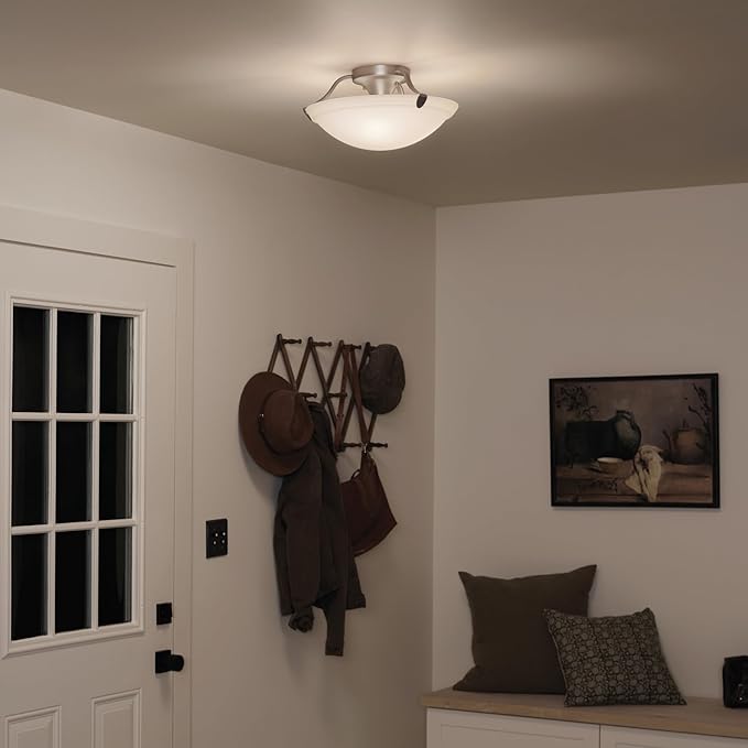 Kichler 3 Light Semi-Flush Mount Light in Brushed Nickel, 15.5" Ceiling Light with White Etched glass, (15.5" W x 7.75" H"), 3627NI