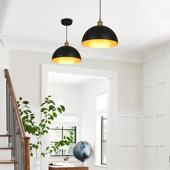 Pendant Lights Kitchen Island - 12-Inch Farmhouse Dome Hanging Light Fixture, Black and Gold Industrial Ceiling Light Adjustable Kitchen Pendant Lighting for Dining Room, Bedroom, Living Rooms