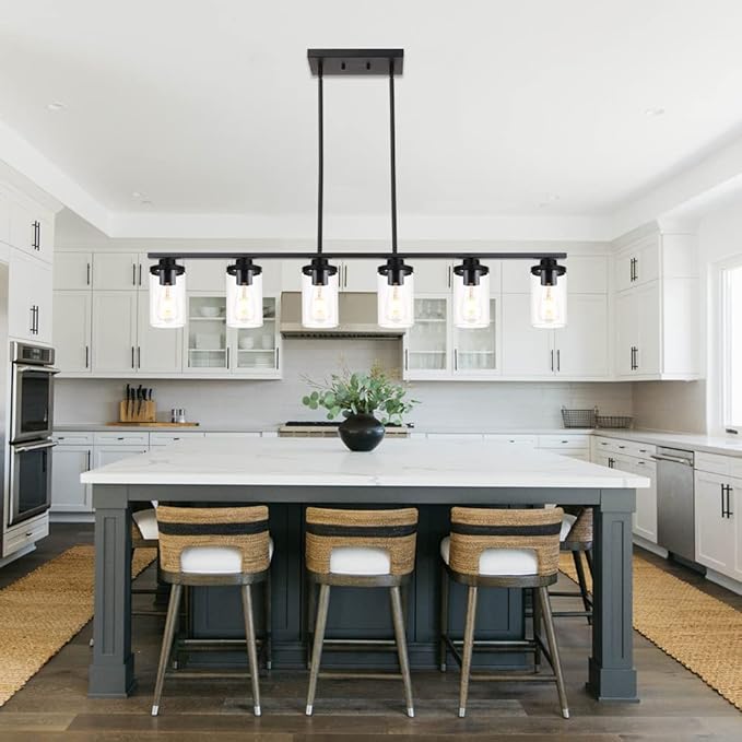 Farmhouse Dining Room Light Fixture 6 Lights Chandeliers for Dining Room Black Pendant Lighting with Clear Glass Shade for Dining Room, Foyer, Restaurant, Bar, E26 Base