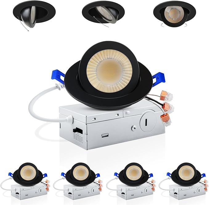 Adetu 3 Inch Gimbal Black Led Recessed Lighting, 360°+90° Adjustable Directional Led Recessed Lights, 2700K/3000K/3500K/4000K/5000K Dimmable Eyeball Canless Downlight with Jbox, ETL (Black, 4 Pack)