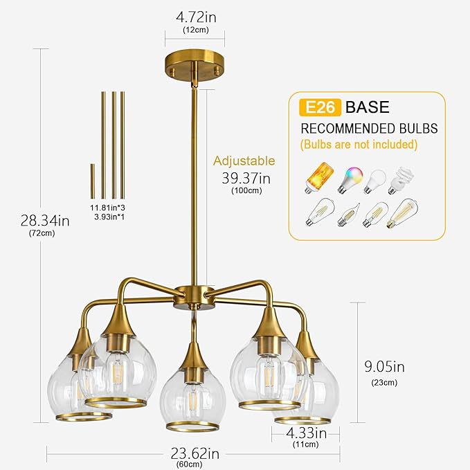 Island Light for Kitchen, 5-Light Gold Kitchen Island Linear Hanging Light Chandeliers Dining Room Light Fixture Over Table with Clear Round Glass Shades