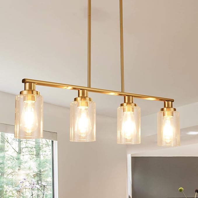 Kitchen Island Lighting, 4-Light Dining Room Light Fixtures Over Table,Gold Linear Chandelier for Dining Room Hanging,Pendant Lights Kitchen Island with Clear Glass Shade