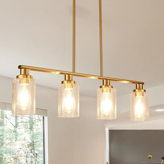Kitchen Island Lighting, 4-Light Dining Room Light Fixtures Over Table,Gold Linear Chandelier for Dining Room Hanging,Pendant Lights Kitchen Island with Clear Glass Shade