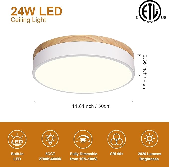 Modern Wood Flush Mount Ceiling Light, White LED 5CCT 2700K-6000K Dimmable Ceiling Light Fixtures, Round Close to Lighting Fixture for Kitchen Entryway Hallway Bedroom Laundry Room-11.8in
