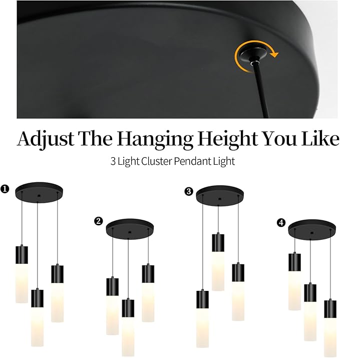 Cluster Black Pendant Lighting Fixture 3-Light Modern Hanging Dining Table Light with Milky White Lampshade LED Pendant Lights for Kitchen Island Dining Room Adjustable Height, 3000K-6000K