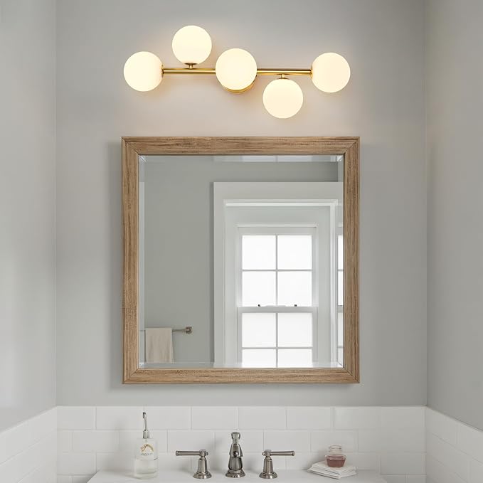 Gold Brass Globe Vanity Light - Vintage Milk Glass Wall Sconce - Sphere Alabaster Single Lights Fixture - Mid Century Modern White Wall Mounted Sconces for Bathroom Bedroom Living Room Entryway Porch