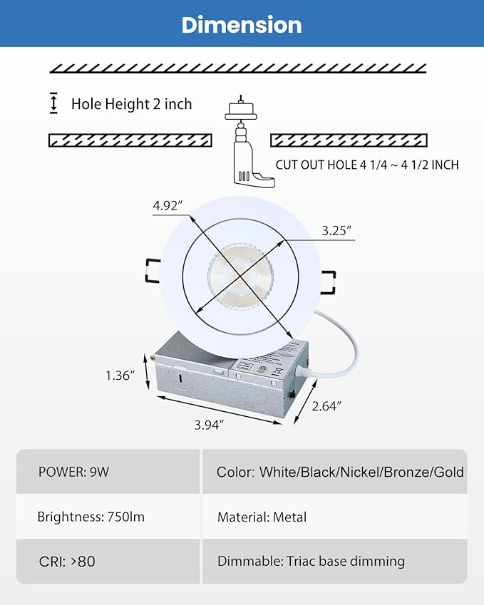 POPANU 4 inch LED Gimbal Recessed Light, 9W 750lm Eyeball Sloped Ceiling Task Lighting, Soffit Wafer Indoor Directional Lighting, 90° Tilt and 360° Rotation Recessed Lighting 4 inch White 12Pack