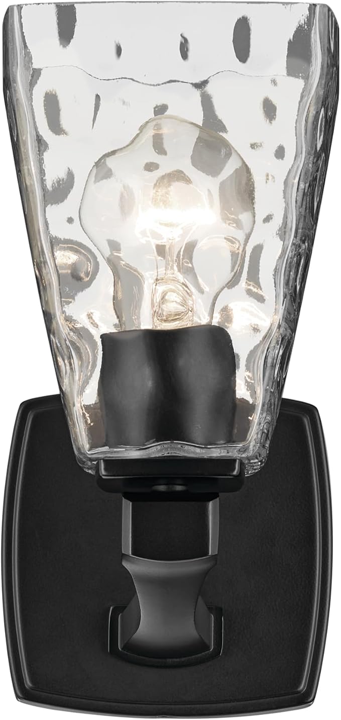 Kichler Marant 5" 1-Light Wall Sconce Bathroom Light Fixture with Clear Water Glass in Black, Modern Vanity Light for Bathroom, Powder Room, Hallway (5" W x 9.5" H), 55214BKWTR