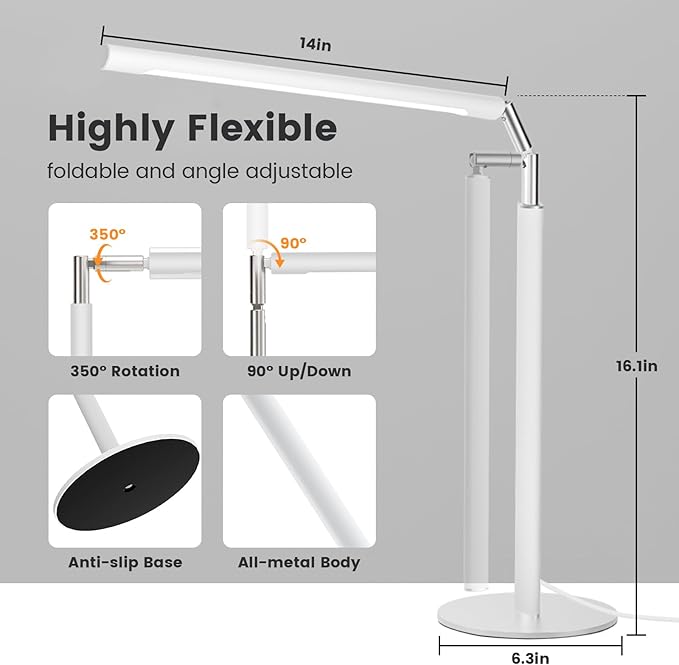 SIBRILLE White LED Desk Lamp, 16" Dimmable Metal Desk Light with Base, 15W 1200LM, Adapter Included, Color & Brightness Adjustable, Modern Tall Table Lamp for Home Office Reading Study Task Laptop