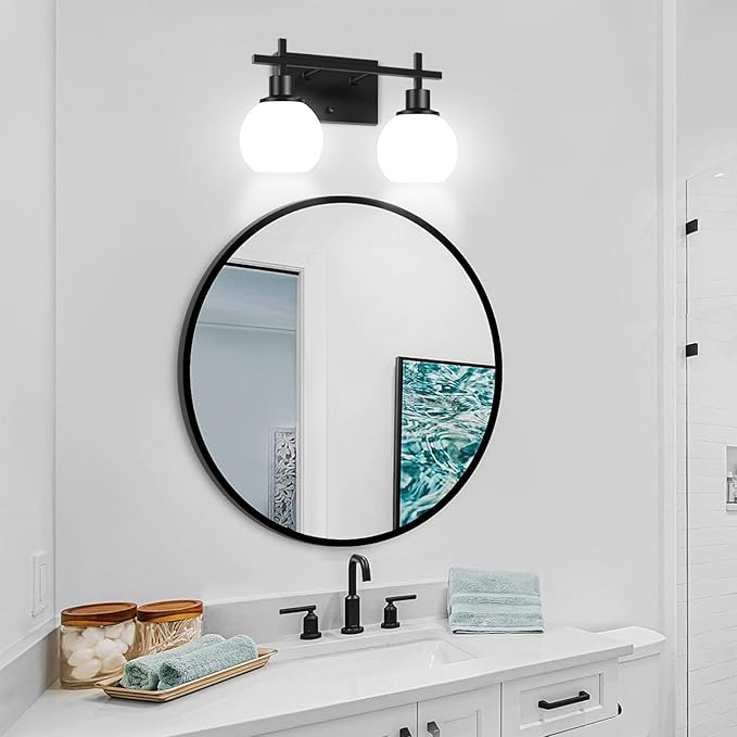 Dpyrrhic 2-Light Black Bathroom Lighting Fixtures Over Mirror,Modern Vanity Lighting Fixtures,Bathroom Wall Mounted Vanity Light with Milky White Glass Lampshade for Living Room，Bedroom，Hallway