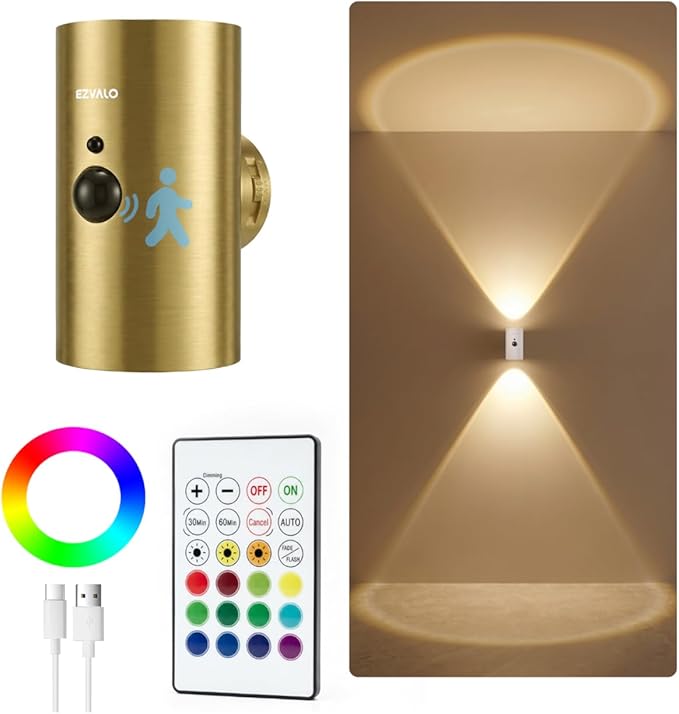 EZVALO Motion Sensor Wall Sconce with Remote, Battery Operated 4000mAh Rechargeable Wall Light, 3 Color Temperatures & 12 RGB, Up & Down LED Lighting for Hallway, Stairway (Brass Gold, 1 Pack)