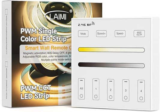 BTF-LIGHTING WR02RF Wireless 2.4G RF 4 Zones CCT Color Temperature LED Strip Wall Mounted Smart Panel Remote Powered by 2XAAA Batteries 3V Work with WB5 LM052 LM053 C02RF C02W C01RF C01W Controller