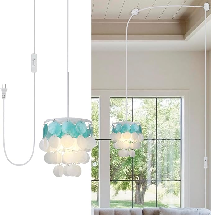 Capiz Shell Samll Chandelier, 1-Light Plug in Shells Pendant Lights with ON/Off Switch for Kitchen Island, Dining Room, Bedroom Room, Coastal House, White and Blue