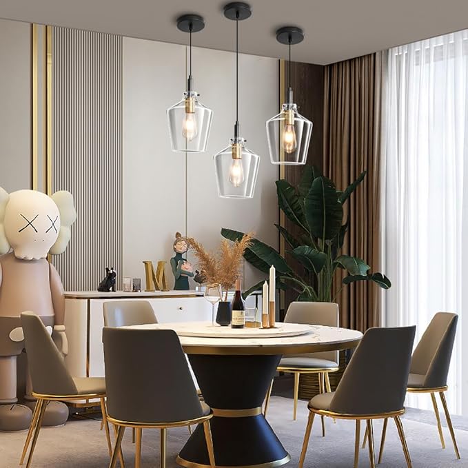 Modern Glass Pendant Lighting for Kitchen Island, Farmhouse Black and Gold Pendant Light Fixtures 1 Pack, Adjustable Hanging Ceiling Light Angled Clear Glass Shades 8 Inch