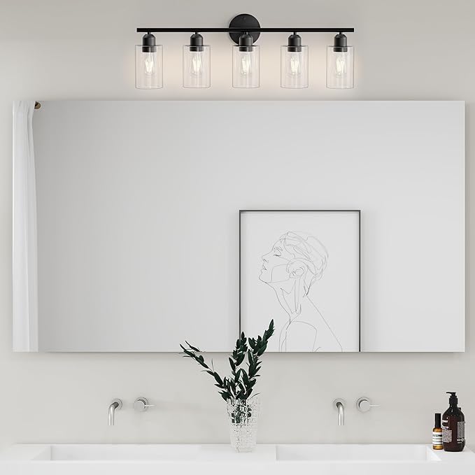 Espird Bathroom Vanity Light Fixtures Matte Black Bathroom Lighting Fixture, 5 Lights Bathroom Light Fixture Over Mirror, Modern Black Vanity Light, Wall Sconces with Glass Shades
