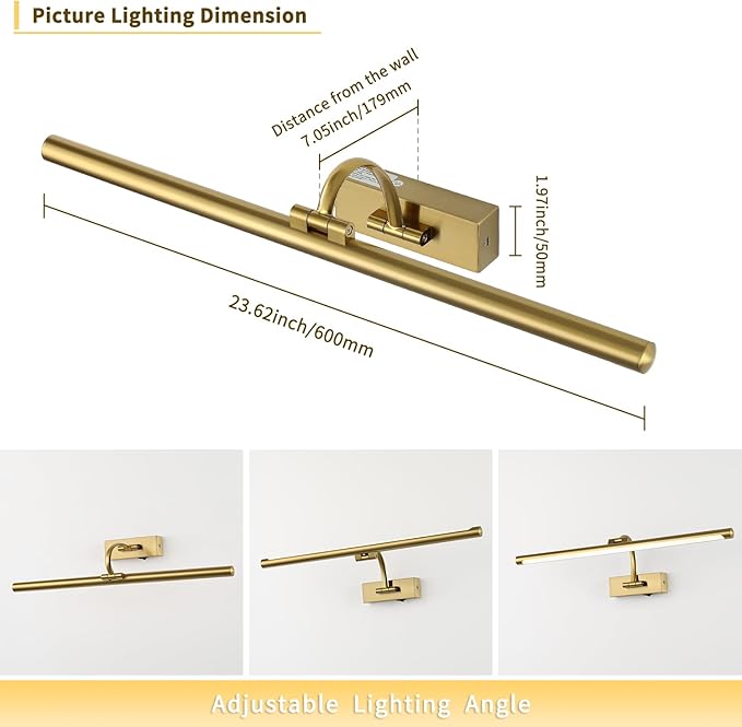 DESOOP Wireless Picture Lights with Remote and Timer Rechargeable Brass Gallery Lighting Battery Operated Art Lights Over Frame Portrait 5W 24'' Inch Warm White