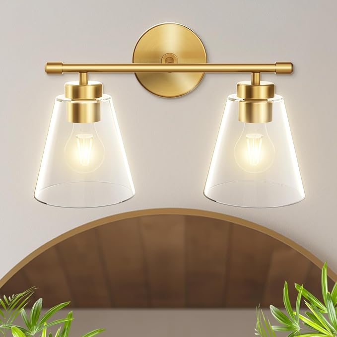 Hamilyeah Bathroom Vanity Light Fixtures Over Mirror, 2 Light Wall Light Fixture with Clear Glass Shade, Gold Sconces Wall Lighting for Bathroom, Kitchen, Living Room
