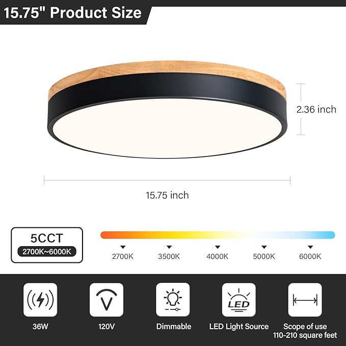 Modern LED Ceiling Light, Dimmable Wood Flush Mount Ceiling Lighting Fixture, 5CCT Round Wood Close to Ceiling Lamp for Kitchen Hallway Bathroom Office Laundry Room Entryway Nursery(Black& 15.75 in)