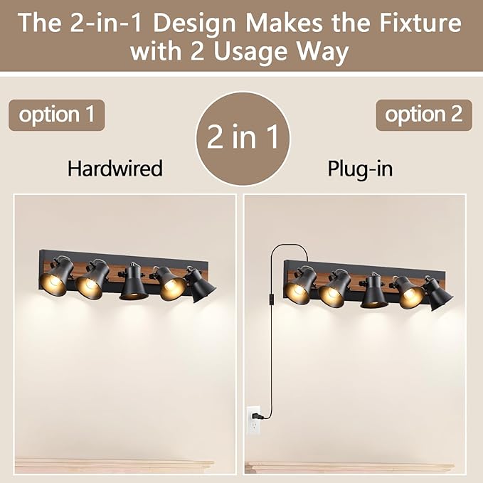 KEESFU 5-Light Plug in Track Lighting Kit,Black Semi Flush Mount Ceiling Light with 5 Rotatable Light Heads,Modern Farmhouse Lighting for Livingroom,Bedroom,Hallway,Art Wall,Bathroom,Kitchen.