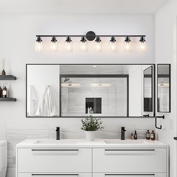 8-Light Black Vanity Lights, Modern Bathroom Light Fixtures with Clear Glass Shade, Wall Lamps for Mirror Kitchen Hallway Cabinet Living Room Sconces Lights - E26