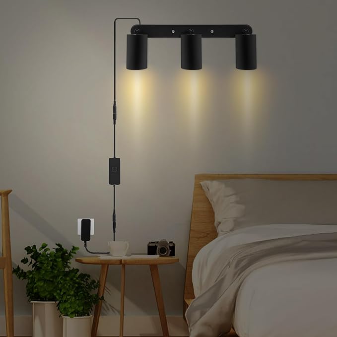 Plug in Track Lighting Track Light Fixtures with Power Cord Wall Spotlight Flexibly Rotatable Heads Plug in Ceiling Lights for Kitchen Cabinet Gallery Bar Living Room 15W 3000K(Black, 3 Heads)