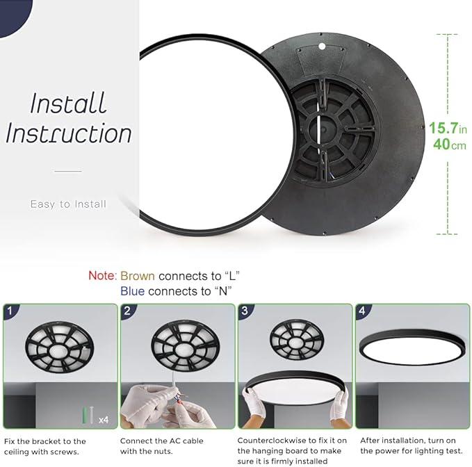 LightingWill 15.7 Inch Black Flush Mount LED Ceiling Light Fixture 32W, 4000K Daylight White, 3800LM, Flat Modern Round Closet Lighting Fixtures, Low Profile Ceiling Lamp for Bedrooms, Hallway .etc.