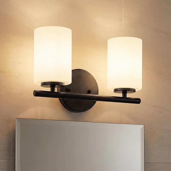 Progress Lighting 2-Light Bathroom Vanity Light, Modern Bath Lighting Fixture with Etched White Glass Shades for Over the Mirror, Reversible Mounting, Replay Collection, Textured Black