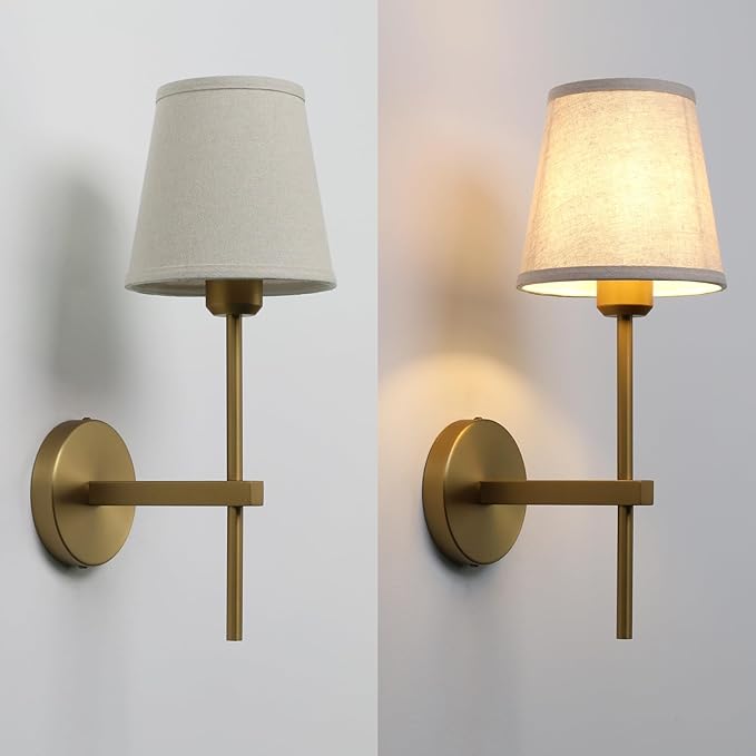 Vintage Wall Sconce with Linen Fabric Shade, E26 Bathroom Vanity Light, Hardwired Indoor 1-Light Wall Mounted Lamp for Hallway Bedside Nightstand Light