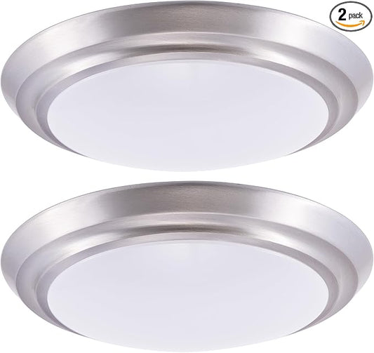 GRUENLICH LED Flush Mount Ceiling Lighting Fixture, 11 Inch Dimmable 22W, 1300 Lumen, 3000K 4000K 5000K Selectable, Aluminum Housing, Damp Location Rated, 2-Pack (Nickel Finish)