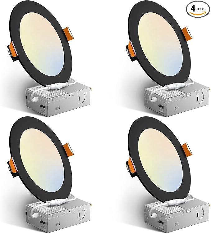 Amico 4 Pack 6 Inch Black 5CCT Ultra-Thin LED Recessed Light with Junction Box, 2700K/3000K/3500K/4000K/5000K Selectable, 12W Eqv 110W 1050LM Dimmable Canless Wafer Downlight, ETL & FCC