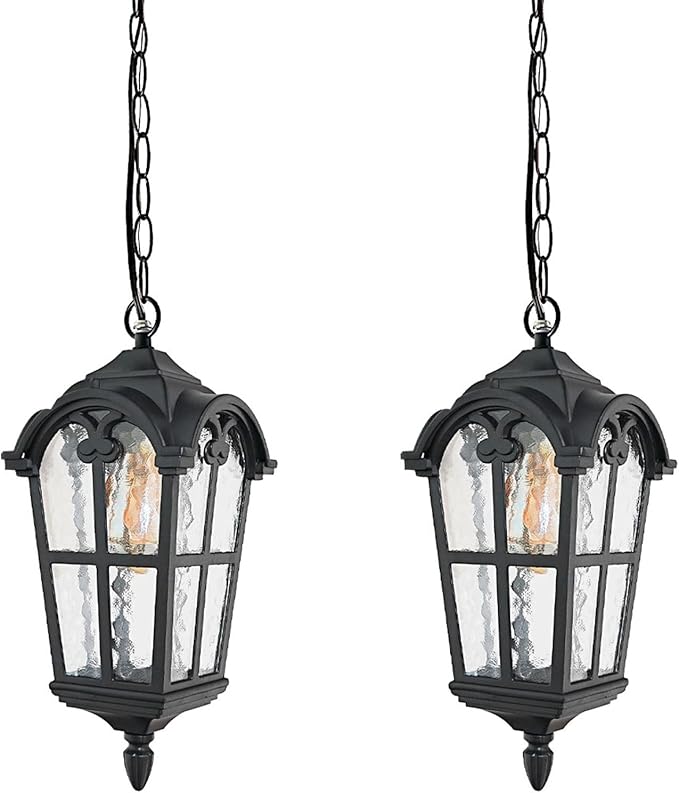 Black Outdoor Pendant Lights for Porch Hallway Patio, Aluminium Exterior Hanging Light Fixtures, Outside Waterproof Vintage Hanging Ceiling Outdoor Pendant Lamp Height Adjustable, 2pack