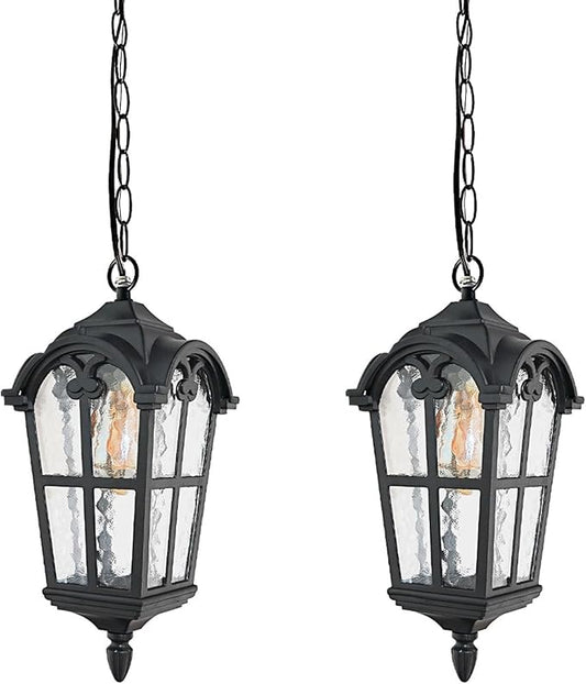 Black Outdoor Pendant Lights for Porch Hallway Patio, Aluminium Exterior Hanging Light Fixtures, Outside Waterproof Vintage Hanging Ceiling Outdoor Pendant Lamp Height Adjustable, 2pack
