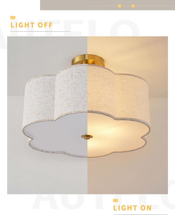 AUTELO 3-Light Modern Ceiling Light, 17.7 Inch Brushed Gold Semi-Flush Mount Ceiling Light with Flower-Shaped White Fabric, Vintage Ceiling Light for Kitchen Island Hallway, C2507 BGL-6