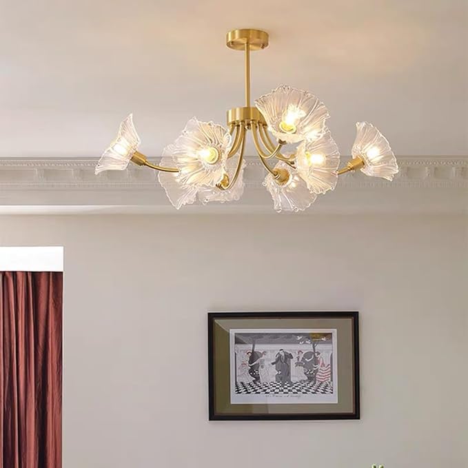 Gold Brass Ceiling Lights Fixture Semi Flush Mount Chandelier 8-Lights with Clear Glass Flower Shape Gold Mid Century Modern Ceiling Lighting for Bedroom Living Room Dining Room